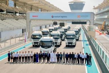 The first batch of 110 Sany heavy trucks pictured at Noatum Logistics