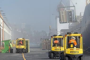 Hyster forklifts at Berth 55 at the Port of Los Angeles