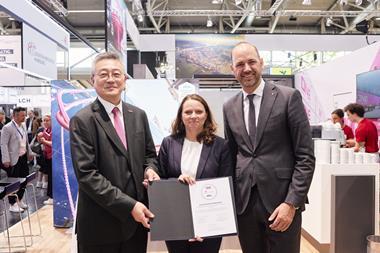 The image shows Hamburg’s Senator for Economic Affairs Dr Melanie Leonhard, HPA CCO Friedrich Stuhrmann and ONE’s managing director, Takahiro Kikuchi, signing the agreement at agreement was formalised at the Transport Logistic 2025 trade fair