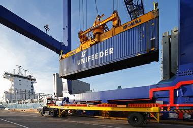 The image shows a Unifeeder container being lifted on the quayside