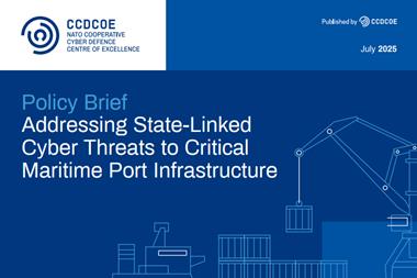 The image shows the front cover of the new NATO CCDCOE policy brief on port cyber security
