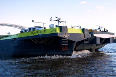 The picture shows H2 Barge 1 in action on the water