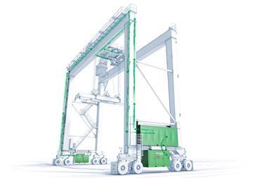 The image shows a Konecranes hybrid RTG