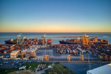 The image shows an overhead shot of a Flinders Port Holdings (FPH) terminal