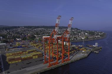Port of Greenock with two red cranes
