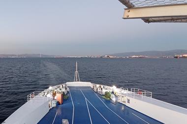 Bow or stern of a RoRo ferry at sea