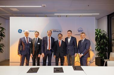 The image shows six representatives from the companies at the project signing