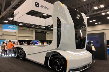A prototype of an einride self-driving truck on display