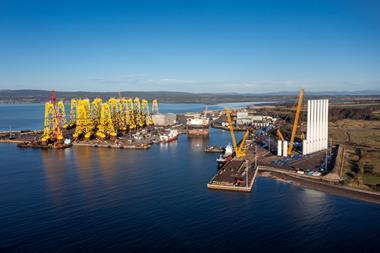 The image shows Seagreen OW Jackets and WTGs at the Port of Nigg