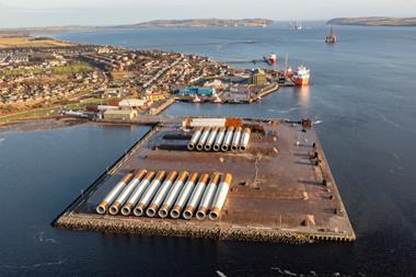 A shot of offshore wind turbine components on the quayside at Cromarty Firth