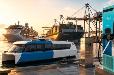 An AI assisted image of an Aqua superPower charge station on the quayside