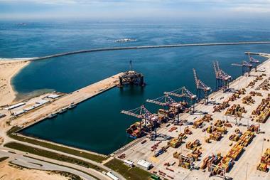 The image shows an overhead shot of South Africa's Port of Ngqura