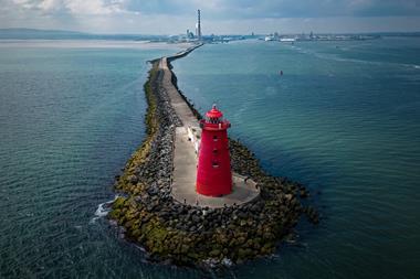 Great South Wall Dublin Port with red lighthouse at the end