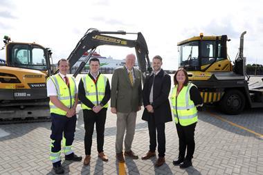 (l-r) Scott Edwards, port duty operations manager; Will Owen, port project engineer; Huw Jones, Jones Bros chair; Christian Grossie, Stena Line regional port development manager and Ita Baird, port manager