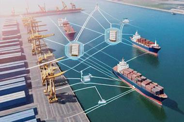 AI generated image showing ports, ships and data transfer