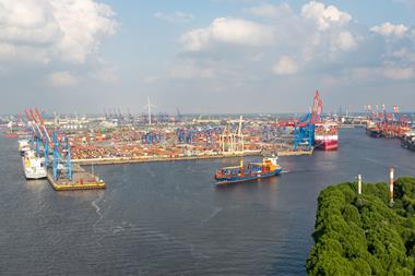 The image shows a wide angle shot of the Waltershofer Hafen