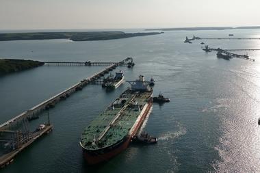 The Yasa Southern Cross crude oil tanker arriving at the Port of Milford Haven, Wales
