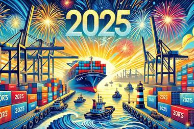 The start of 2025 with a ports theme, depicted in a landscape format which shows a bustling harbour at sunrise