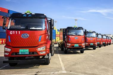 The pictures shows the electric in-yard tractor fleet at DaChan Bay Terminals