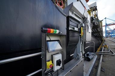 The picture shows the shore power test taking place with MSC Athens on the quayside at HHLA CTA