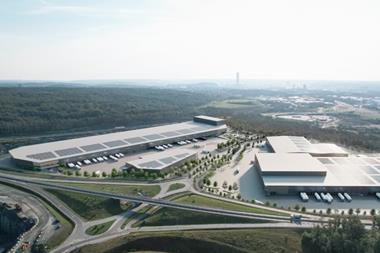 The image shows a conceptual rendering of Halvorsäng Logistics Park