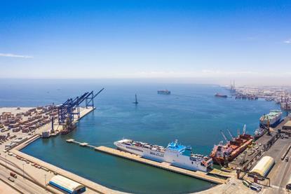 The picture shows an aerial shot of Port of Walvis Bay, Namibia