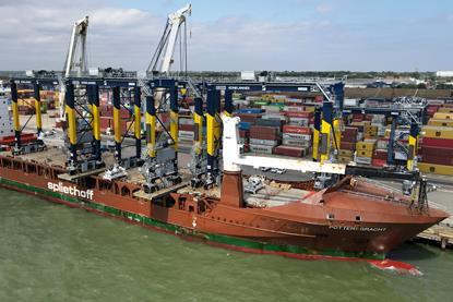 Image shows five new automated electric Rubber-Tyred Gantry cranes have arriving at the Port of Felixstowe by ship