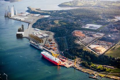 The image shows a graphic representation of TasPorts’ vision of the proposed renewable energy terminal, shown at top left of the picture