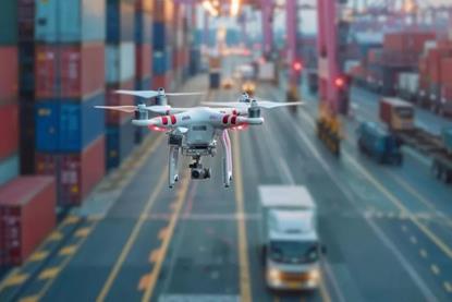 Drone flying above a port