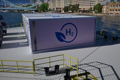 The image shows a render of a hydrogen-powered floating micro-grid