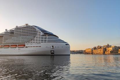 Image shows MSC World Europa on its maiden call to Valletta back in April 2023