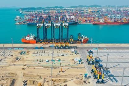 The image shows the new electric cranes Hutchison Ports Thailand (HPT) Terminal D, Laem Chabang Port