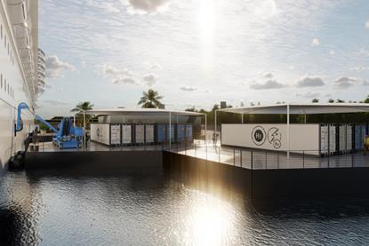 The image shows a render of a hydrogen-powered floating micro-grid