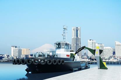 The picture shows an image of the Tokyo Kisen Co. Ltd and Marindows Inc. tug on the quayside