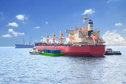 Artist's impression of a CHAMP clean power barge providing power to a vessel in harbour