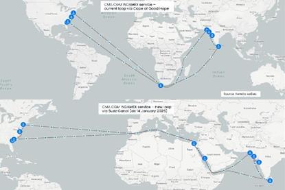 Two maps showing CMA CGM routes around the Cape of Good Hope and through the Suez Canal