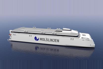 The image shows a render of the Molslinjen high-speed catamaran ferry