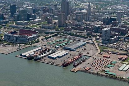 The image shows an overhead shot of the US Port of Cleveland