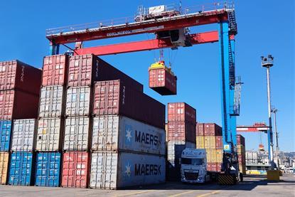 The image shows the Liebherr RTGs in action at Conateco in Italy