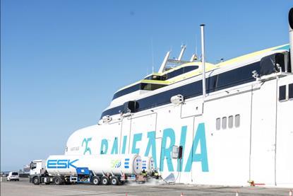 The Baleària fast ferry Margarita Salas on the quayside refuelling with bioLNG