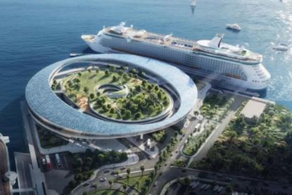 The image shows an aerial shot of the Port of LA cruise facilities