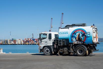 The image shows the port's new Sweeper Truck 'Sweeping Beauty' on the quayside