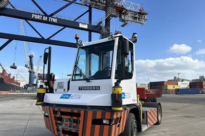 An autonomous terminal tractor driven by Oxa’s self-driving technology, shown quayside at Port of Tyne