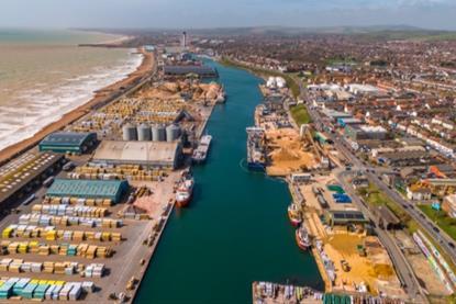 The image shows an overhead shot of Shoreham Port