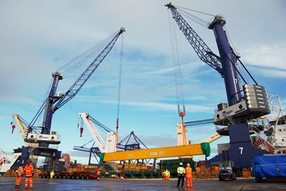 Two Liebherr cranes in a tandem lift at Teesport