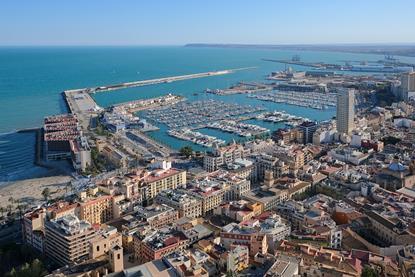 An overhead shot of the harbour at the Port of Alicante