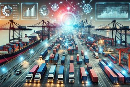 The image shows A bustling seaport with cargo ships, containers and cranes, but overlaid with digital elements like data streams, graphs and glowing network lines