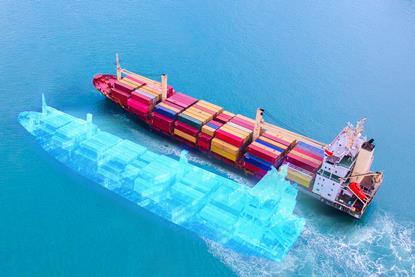 Rendering of a container ship with ghostly 'digital twin'