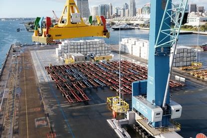 Aerial shot of Port of San Diego with crane and cargo