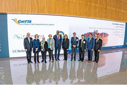 The image shows a group of officials meeting to discuss the process on the California/Shanghai green shipping corridor